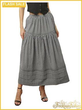 Women's Long Cotton A-Line Lace Trim Pintuck Tier Skirt